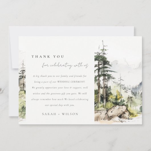 Hochzeitsszenario "Soft Woods Mountain" Dankeskarte (Vorderseite)