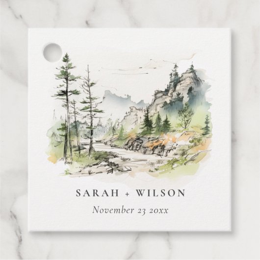 Hochzeitsszenario "Soft Woods Mountain" Geschenkanhänger (Vorderseite)