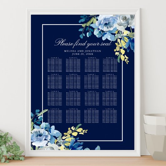 Hochzeitstabelle für Navy Blue Floral 16 Table Sea Poster
