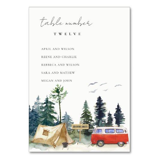 Hochzeitstabelle für rustikale Camping-Pinienwälde Tischnummer (Vorderseite)