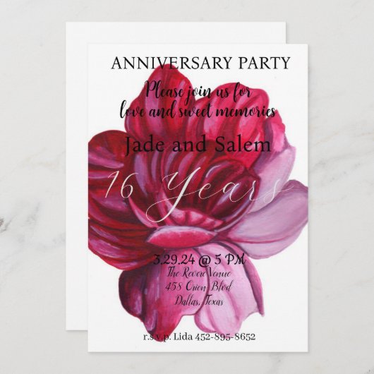 Hochzeitstag Abstraktes Blumenrot Weiß Einladung (Vorne/Hinten)