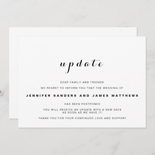 Hochzeitstag-Aufschiebung Einladung (Vorne/Hinten)