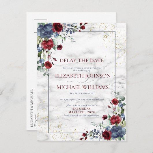 Hochzeitstag Aufschub Blauer Burgund Ankündigungspostkarte (Vorne/Hinten)