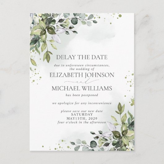 Hochzeitstag Aufschub Eukalyptus Wasserfarbe Ankündigungspostkarte (Vorderseite)