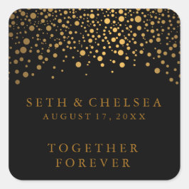 Hochzeitstag Gold Punkte auf schwarz | Personalisi Quadratischer Aufkleber