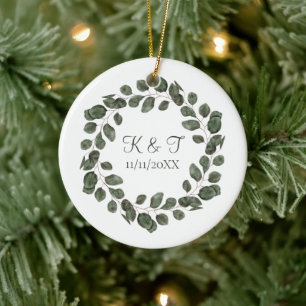 Hochzeitstag mit Monogramm Eukalyptusblätter Elega Keramik Ornament