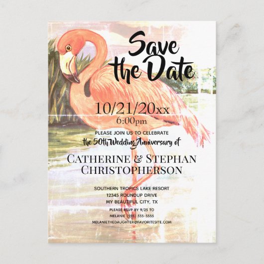 Hochzeitstag Vintag Pink Flamingo Artistic Ankündigungspostkarte (Vorderseite)