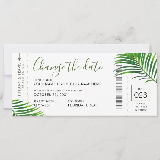 Hochzeitstag Wechsel tropischen Palm Boarding Pass Ankündigung (Vorderseite)