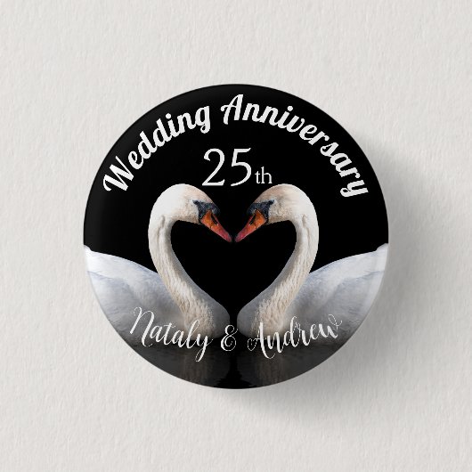 Hochzeitstag zwei Schwäne Schwarz Button (Vorderseite)