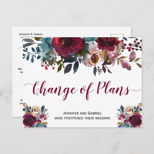 Hochzeitstermin verschoben Burgundy Navy Floral Ankündigungspostkarte (Vorne/Hinten)