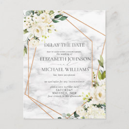 Hochzeitstermin Verzögerung White Floral Geometric Ankündigungspostkarte