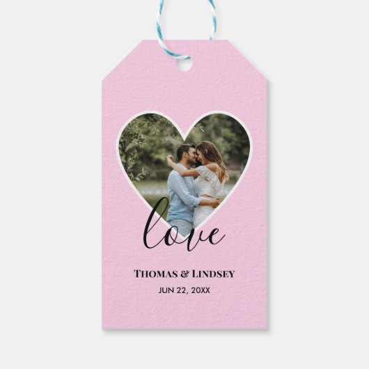 Hochzeitstich Foto Rosa Herzrahmen Moderne Kalligr Geschenkanhänger (Rückseite)