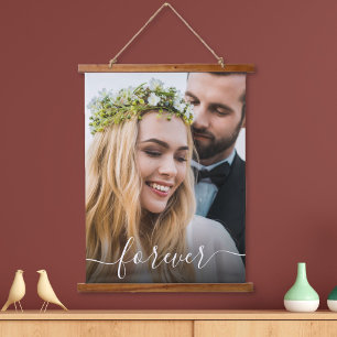 Hochzeitstich für ewig Weißes Skript-Foto-Overlay Wandteppich Mit Holzrahmen