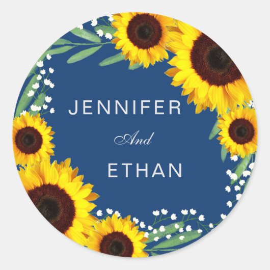 Hochzeitsticker für Navy Blue Sunflower Runder Aufkleber (Vorderseite)