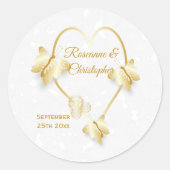 Hochzeitsticker Gold farbige Herzschmetterlinge Runder Aufkleber (Vorderseite)