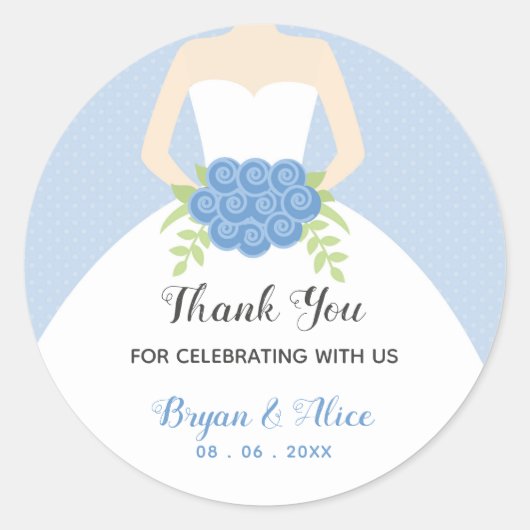 Hochzeitsticker (Pastellblau mit Hochzeitskleid) Runder Aufkleber (Vorderseite)