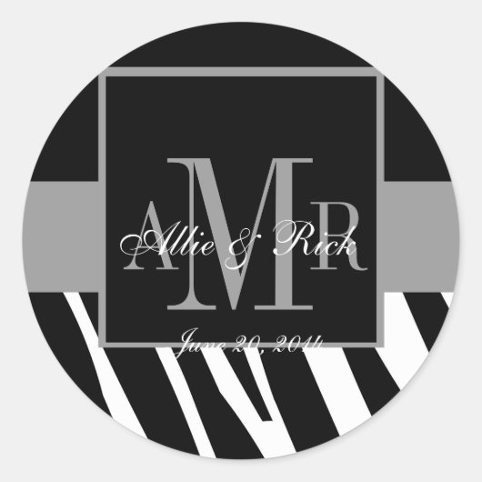 Hochzeitsticker Zebra Monogram-Namen Runder Aufkleber (Vorderseite)