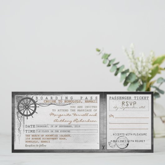 Hochzeitsticket Boarding Vintag mit UAWG Einladung (Stehend Vorderseite)