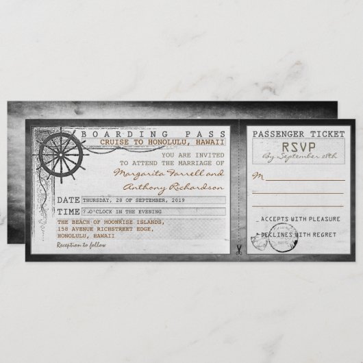 Hochzeitsticket Boarding Vintag mit UAWG Einladung (Vorne/Hinten)