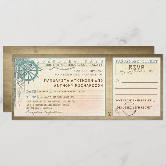 Hochzeitsticket Boarding Vintag mit UAWG Einladung (Vorne/Hinten)
