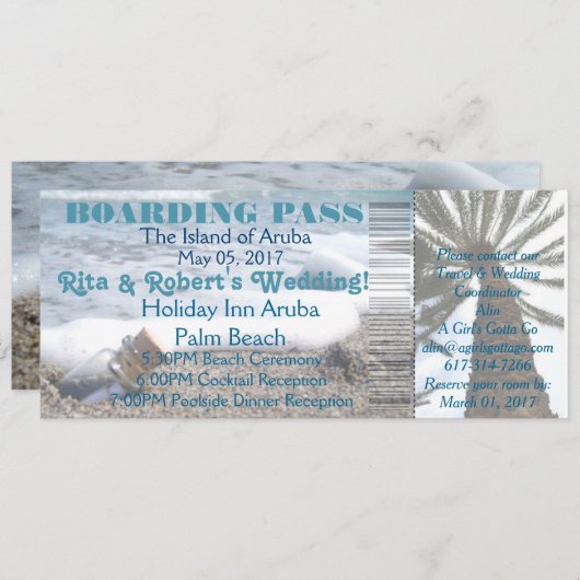 Hochzeitsticket für den Boarding in einer Flasche Einladung (Vorne/Hinten)