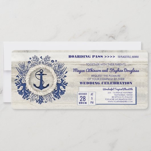Hochzeitsticket für Navy Nautical Anchor Boarding Einladung (Vorderseite)