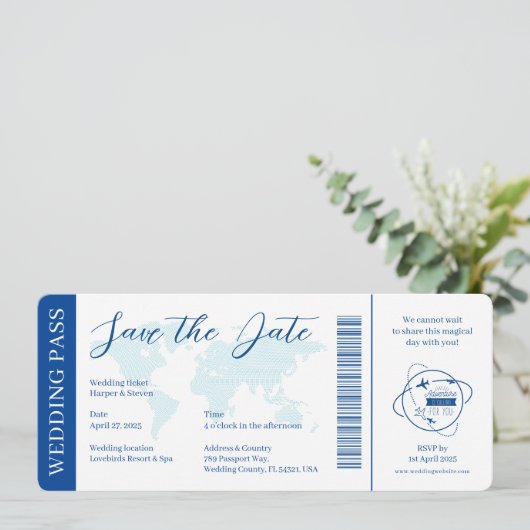 Hochzeitsticket Pass Santorini Blue Einladung (Stehend Vorderseite)