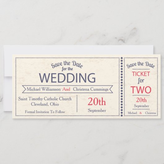 Hochzeitsticket Save The Date Ankündigung (Vorderseite)