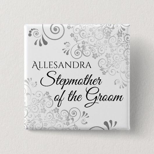 Hochzeitstiefmutter des Groom Name Tag Silver Button (Vorderseite)