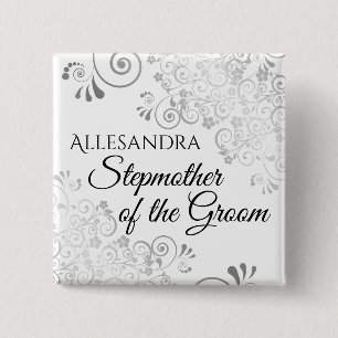 Hochzeitstiefmutter des Groom Name Tag Silver Button
