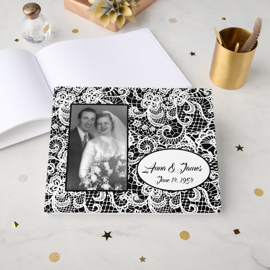 Hochzeitstil auf Schwarz mit Foto Gästebuch (Vorderseite Offen)