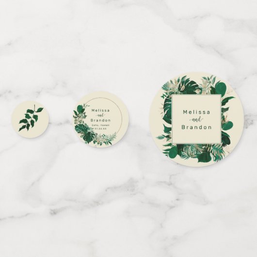 Hochzeitstisch aus tropischem Leaf Konfetti (Rückseiten)