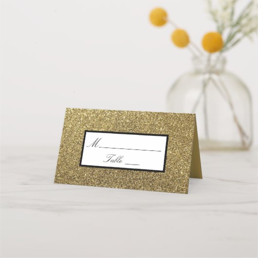 Hochzeitstisch für Luxury Glam Black and Gold Glit Platzkarte (Vorderseite)