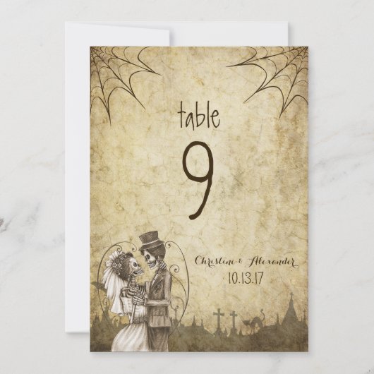 Hochzeitstisch Nummer Skelett Paar Halloween Einladung (Vorderseite)