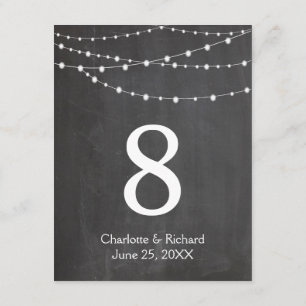 Hochzeitstisch Nummernschnurlichter und Schieferta Einladung