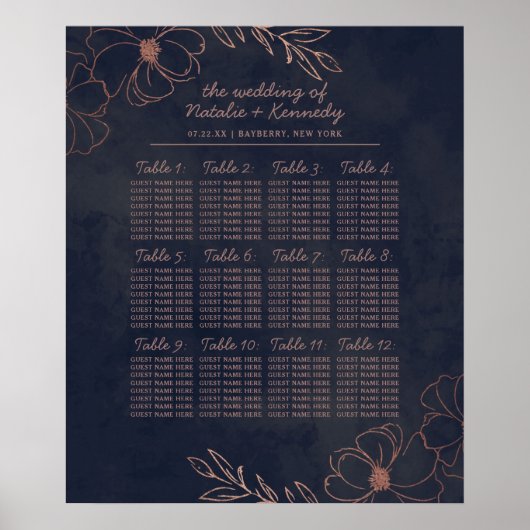 Hochzeitstisch-Seekarte für Navy Blue & Rose Gold Poster (Vorne)