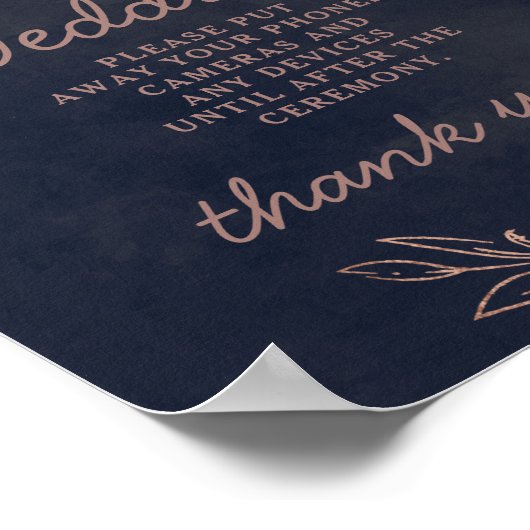 Hochzeitstisch-Sign für Navy Blue & Rose Gold Poster (Ecke)