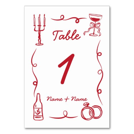 Hochzeitstisch Whimsical Hand Drawn Red Illustrier Tischnummer (Vorderseite)