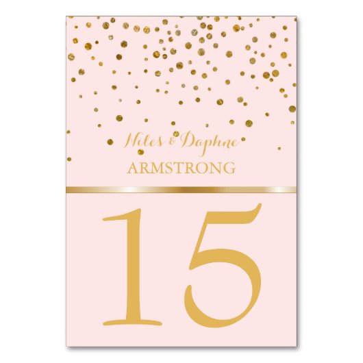 Hochzeitstischnummern | Blush Pink Gold Confetti Tischnummer (Vorderseite)