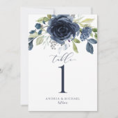 Hochzeitstischnummern Navy Blau Wasserfarbe Floral Einladung (Vorderseite)