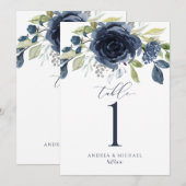 Hochzeitstischnummern Navy Blau Wasserfarbe Floral Einladung (Vorne/Hinten)