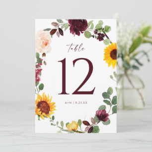 Hochzeitstischnummern Sonnenblumen Rosen Burgunder Einladung