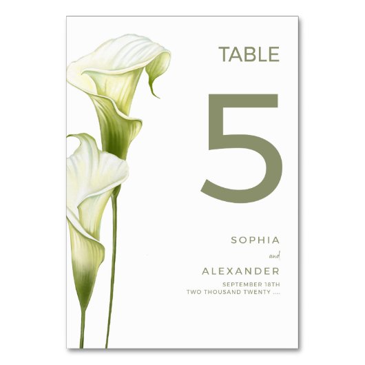 Hochzeitstischnummern "Zarte Calla-Lilien" Tischnummer (Vorderseite)
