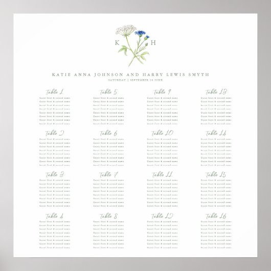 Hochzeitstischplan mit Wildblumen-Monogramm grün 1 Poster (Vorne)