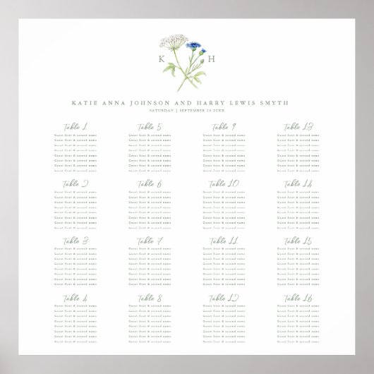 Hochzeitstischplan mit Wildblumen-Monogramm grün 1 Poster (Vorne)