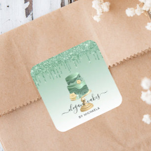 Hochzeitstorte Glitter-Drip Mintgrün Bäckerei Quadratischer Aufkleber