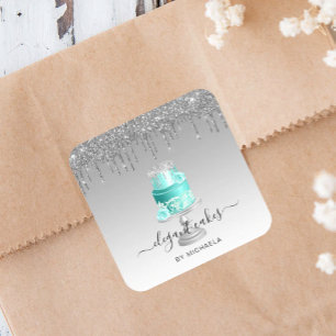 Hochzeitstorte Glitter-Drip Silber Türkis Bäckerei Quadratischer Aufkleber