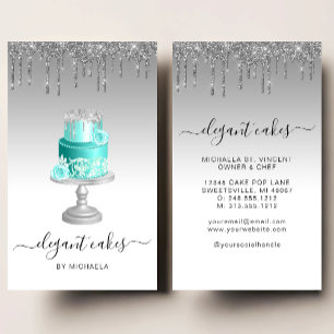 Hochzeitstorte Glitter-Drip Silber Türkis Bäckerei Visitenkarte