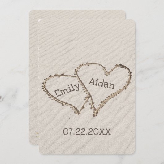 Hochzeitstrandherzen mit Namen Einladung (Vorne/Hinten)