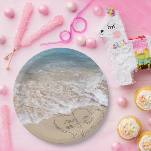 Hochzeitstrandherzen mit Namen Pappteller (Party)